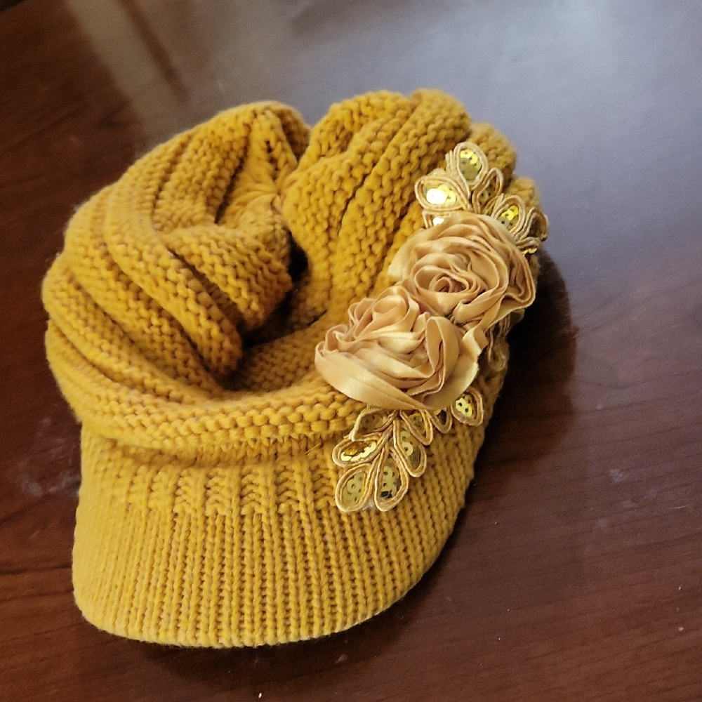 C.C Mustard Knit Hat with Floral Detail